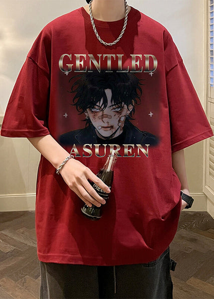 Cotton Mens Wine Red Print New Shirts Oversized Half T Sleeve FashionChic