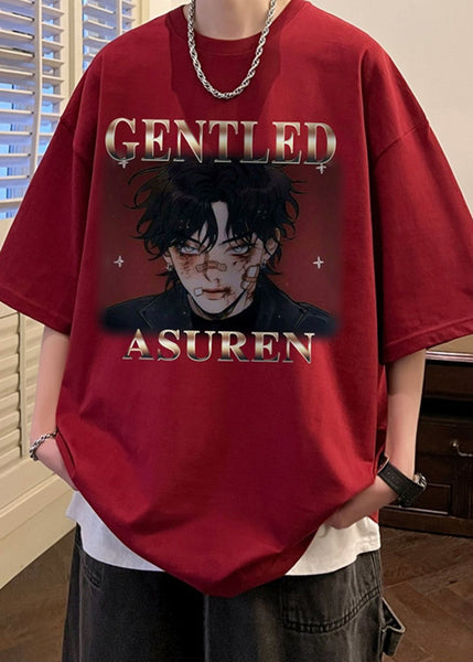 Cotton Mens Wine Red Print New Shirts Oversized Half T Sleeve FashionChic