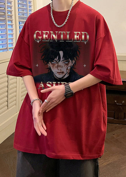 Cotton Mens Wine Red Print New Shirts Oversized Half T Sleeve FashionChic