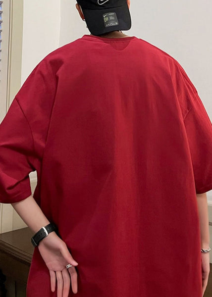 Cotton Mens Wine Red Print New Shirts Oversized Half T Sleeve FashionChic