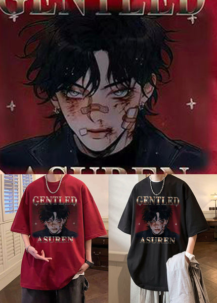 Cotton Mens Wine Red Print New Shirts Oversized Half T Sleeve FashionChic