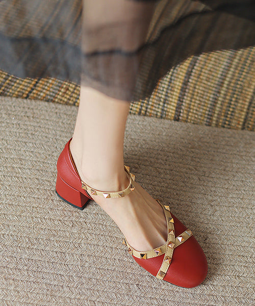 New Wine Red Rivet Buckle Strap Cowhide Leather Sandals RT1046 Ada Fashion