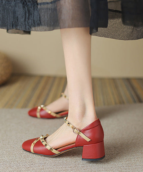 New Wine Red Rivet Buckle Strap Cowhide Leather Sandals RT1046 Ada Fashion