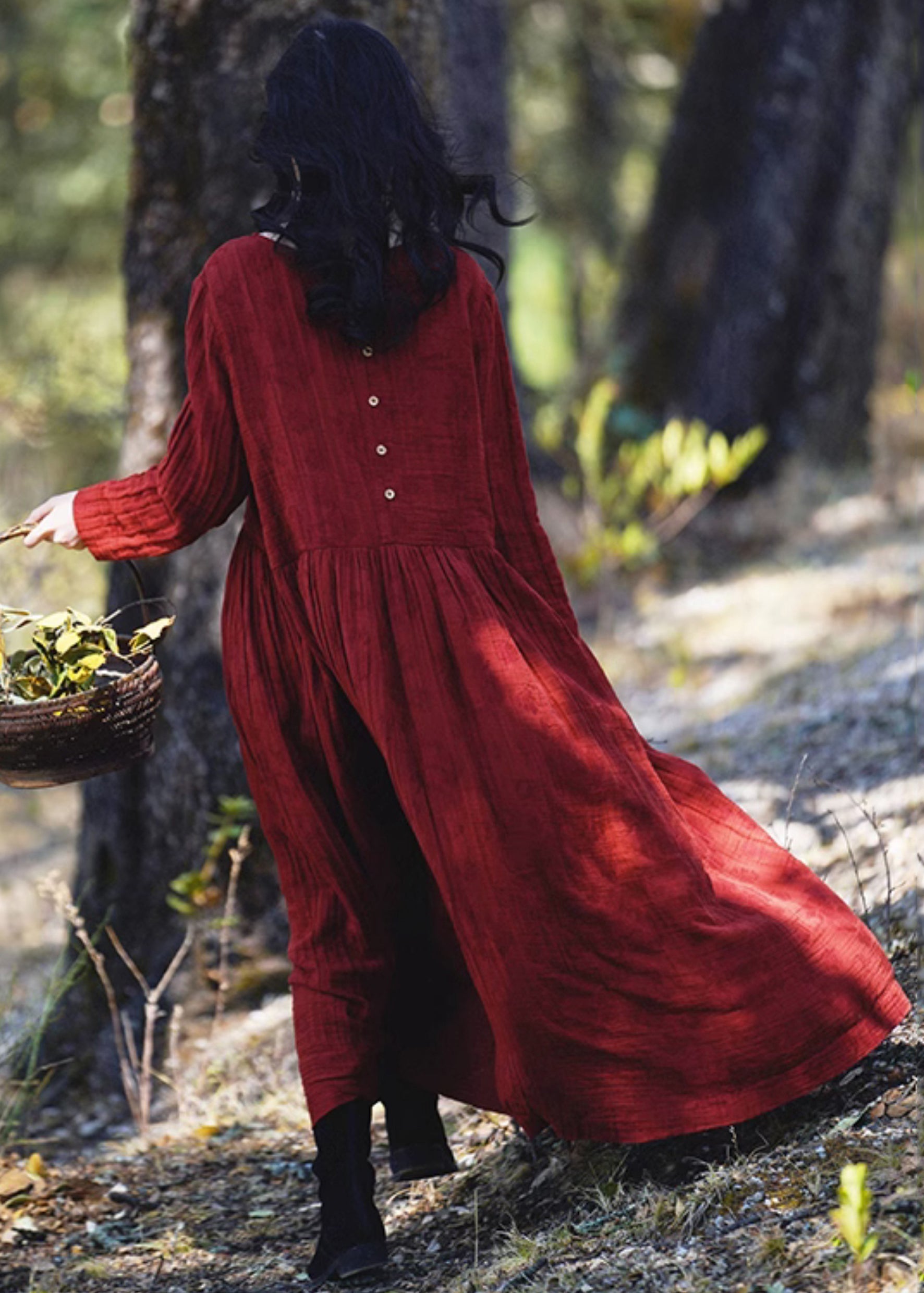 New Wine Red Wrinkled Wear On Both Sides Cotton Dresses Long Sleeve MN080 MMDM-FDL240704