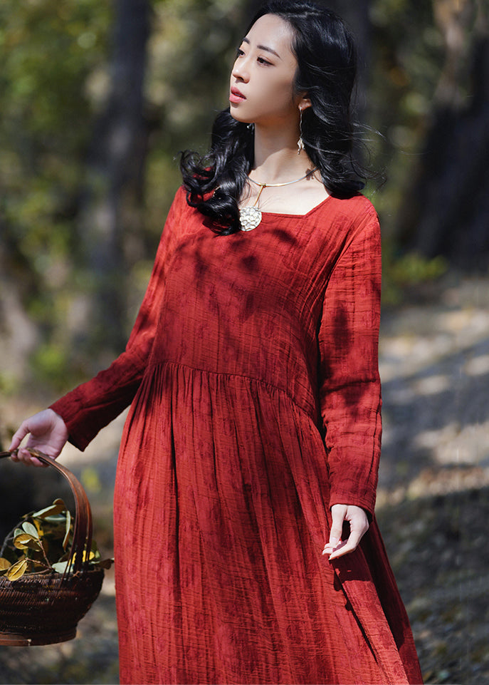 New Wine Red Wrinkled Wear On Both Sides Cotton Dresses Long Sleeve MN080 MMDM-FDL240704