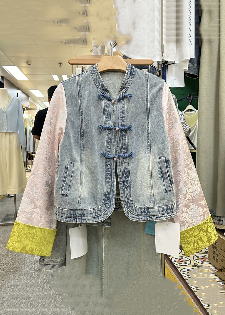 New Yellow Button Patchwork Denim Coats Long Sleeve Ada Fashion