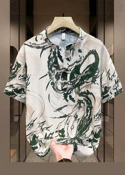 New Yellow Print Summer Mens Open Button T Side Silk Shirt Ice FashionChic