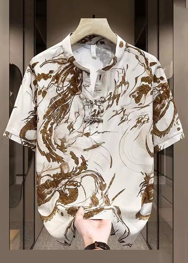 New Yellow Print Summer Mens Open Button T Side Silk Shirt Ice FashionChic