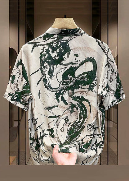 New Yellow Print Summer Mens Open Button T Side Silk Shirt Ice FashionChic