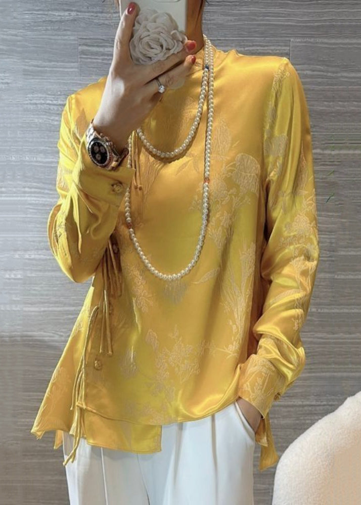 New Yellow Chinese Button Print Silk Blouses Spring Ada Fashion