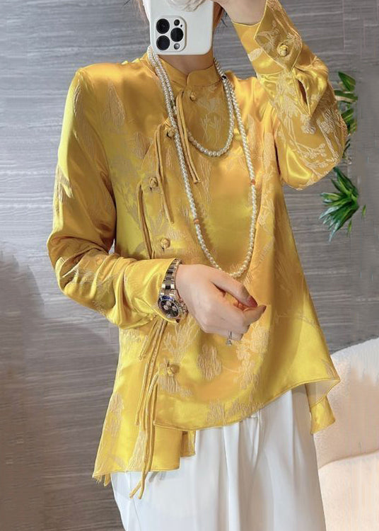 New Yellow Chinese Button Print Silk Blouses Spring Ada Fashion