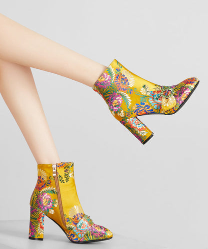 New Yellow Embroidered Zippered Cotton Chunky Ankle Boots RT1061 Ada Fashion