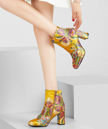 New Yellow Embroidered Zippered Cotton Chunky Ankle Boots RT1061 Ada Fashion