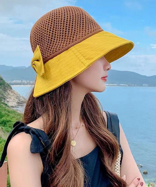 New Yellow Hollowed Out Patchwork Bow Shading Bucket Hat YU1020 Hat-HAT240528