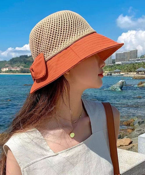 New Yellow Hollowed Out Patchwork Bow Shading Bucket Hat YU1020 Hat-HAT240528