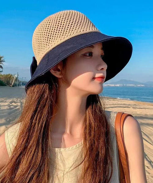 New Yellow Hollowed Out Patchwork Bow Shading Bucket Hat YU1020 Hat-HAT240528