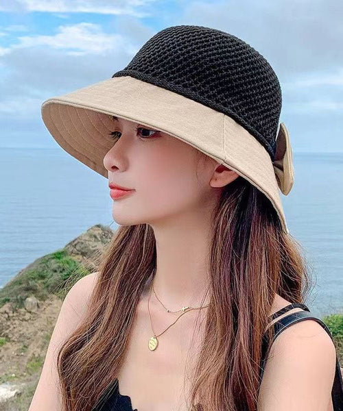 New Yellow Hollowed Out Patchwork Bow Shading Bucket Hat YU1020 Hat-HAT240528