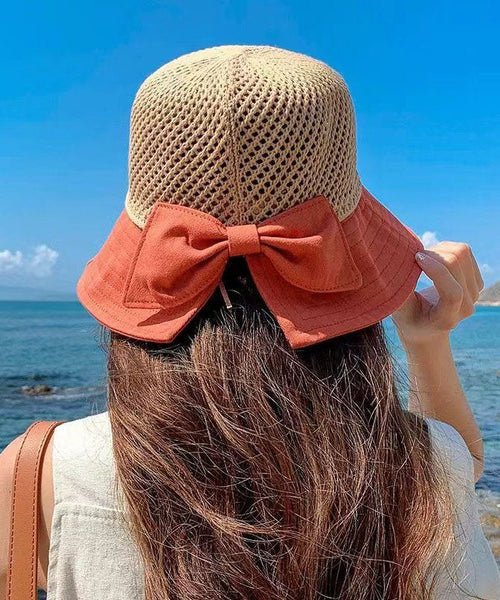 New Yellow Hollowed Out Patchwork Bow Shading Bucket Hat YU1020 Hat-HAT240528