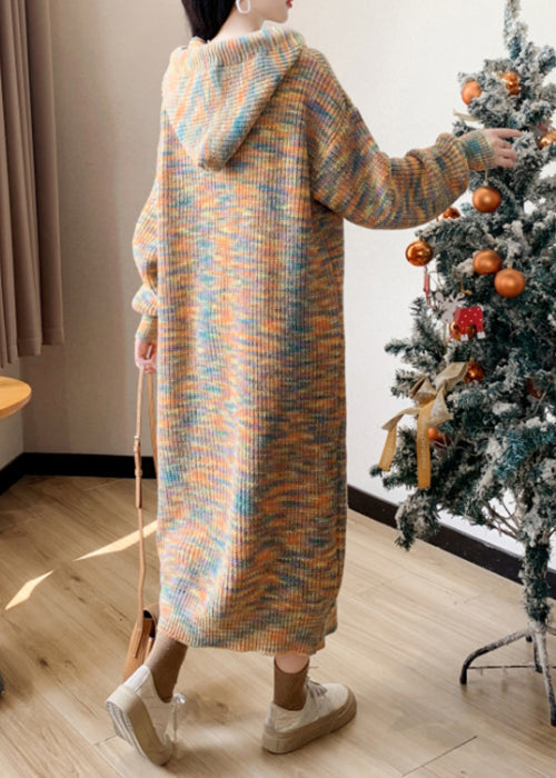 New Yellow Hooded Cozy Cotton Knit Sweater Dress Winter RK033 ABC