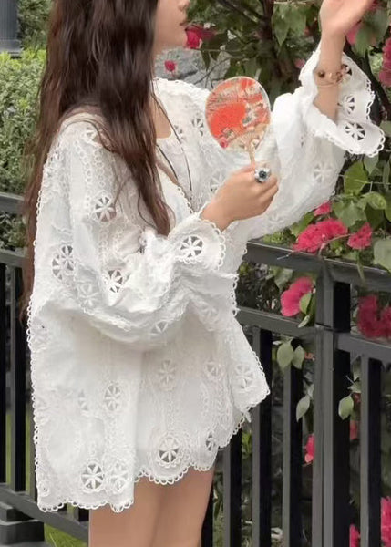 New Top Lace Sleeve O Neck Hollow Long Shirt Yellow Out FashionChic