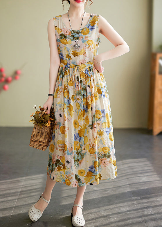 New Yellow O Neck Lace Up Print Cotton Long Dress Sleeveless JH058 MMDM-SDL240717