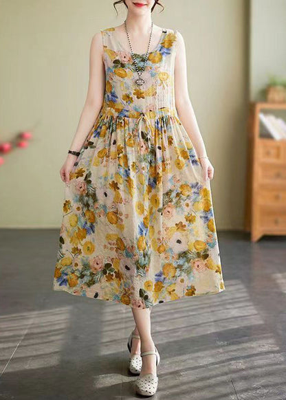 New Yellow O Neck Lace Up Print Cotton Long Dress Sleeveless JH058 MMDM-SDL240717