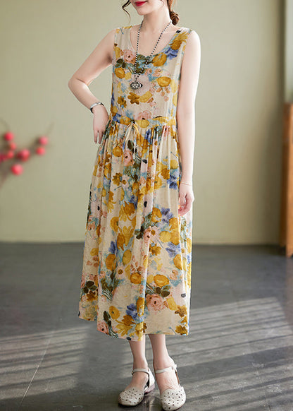 New Yellow O Neck Lace Up Print Cotton Long Dress Sleeveless JH058 MMDM-SDL240717