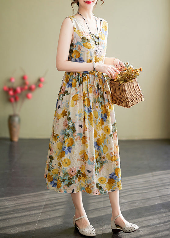 New Yellow O Neck Lace Up Print Cotton Long Dress Sleeveless JH058 MMDM-SDL240717