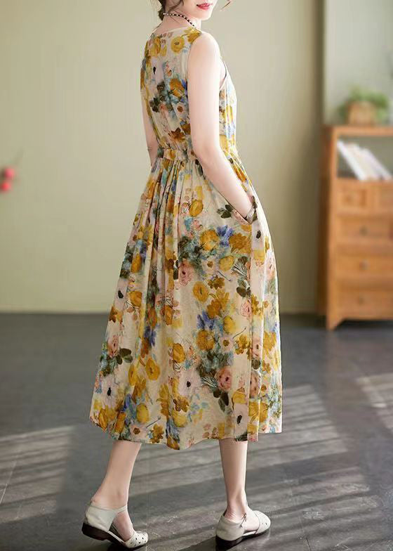 New Yellow O Neck Lace Up Print Cotton Long Dress Sleeveless JH058 MMDM-SDL240717