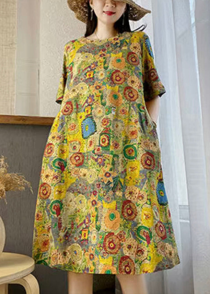 New Yellow O Neck Print Pockets Cotton Dresses Summer VV007 HS-SDL240627