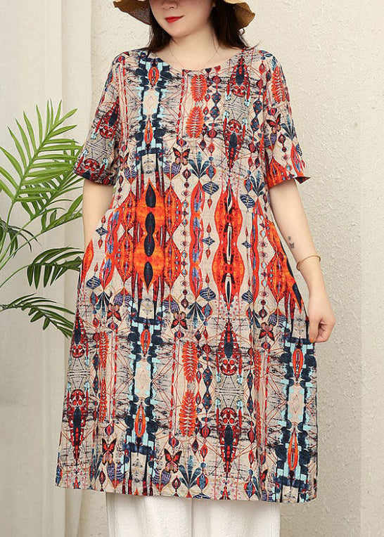 New Yellow O Neck Print Pockets Cotton Dresses Summer VV007 HS-SDL240627