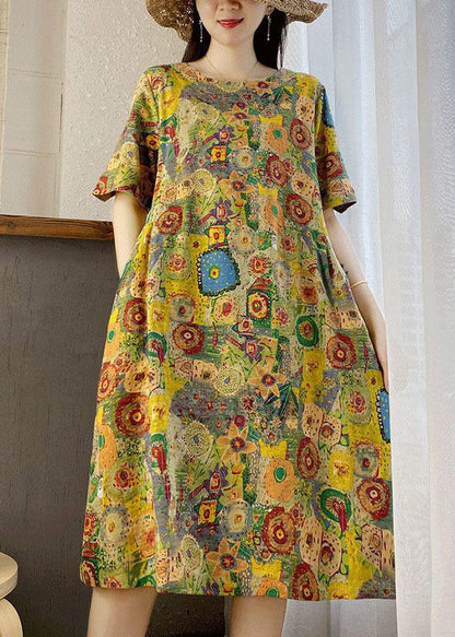 New Yellow O Neck Print Pockets Cotton Dresses Summer VV007 HS-SDL240627
