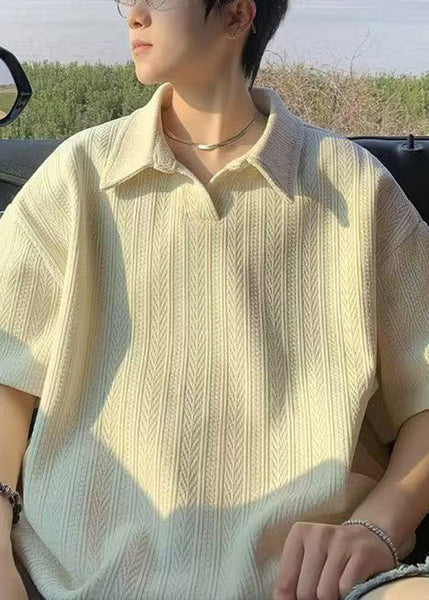 New Yellow Summer Polo Cotton Shirts Men Solid Oversized FashionChic