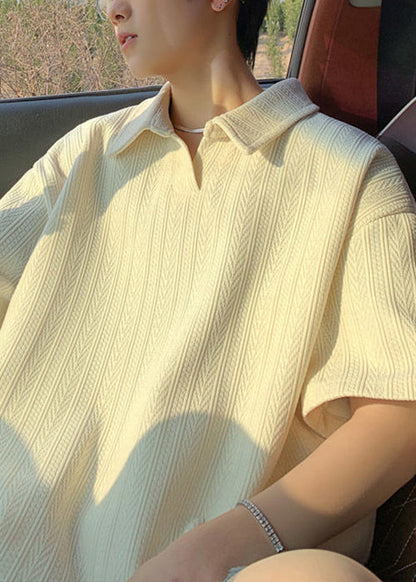 New Yellow Summer Polo Cotton Shirts Men Solid Oversized FashionChic