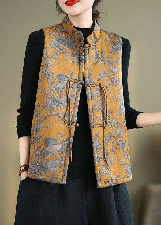 New Yellow Print Chinese Button Cotton Filled Waistcoat Winter QG046 OM-CTS241016