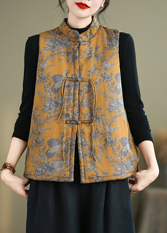 New Yellow Print Chinese Button Cotton Filled Waistcoat Winter QG046 OM-CTS241016