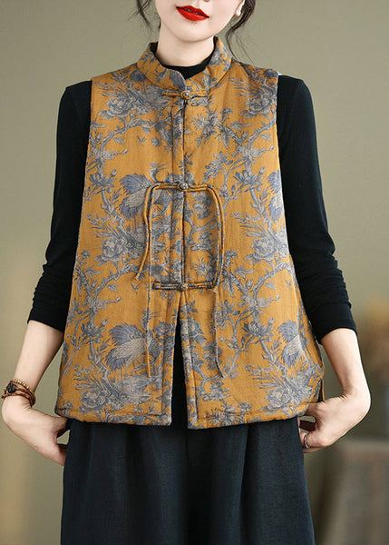 New Yellow Print Chinese Button Cotton Filled Waistcoat Winter QG046 OM-CTS241016
