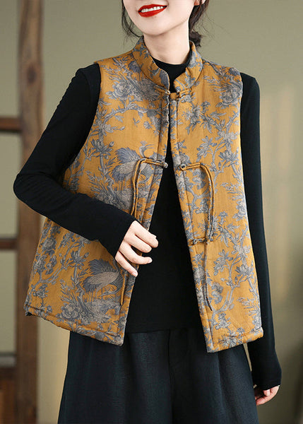 New Yellow Print Chinese Button Cotton Filled Waistcoat Winter QG046 OM-CTS241016