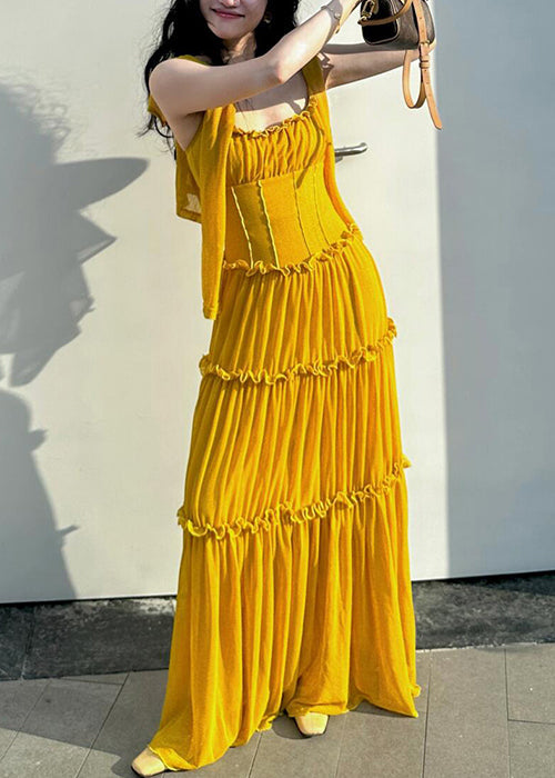 Sleeveless Strap New Cotton Ruffled Dress Yellow Solid Spaghetti FashionChic