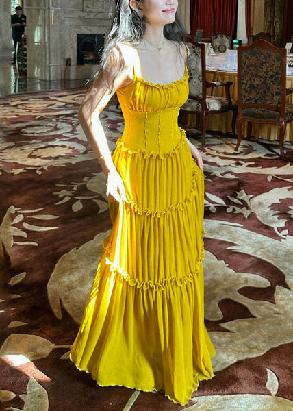 Sleeveless Strap New Cotton Ruffled Dress Yellow Solid Spaghetti FashionChic