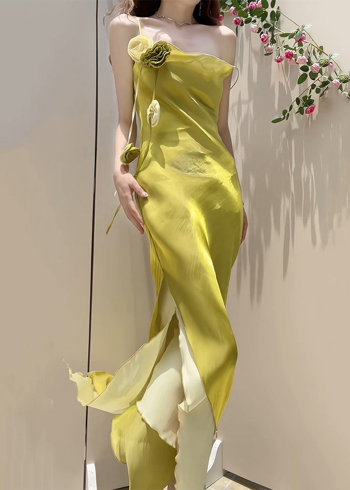 New Yellow Side Open Solid Silk Spaghetti Strap Dress Sleeveless ZL055 SH-LF-SDL240621