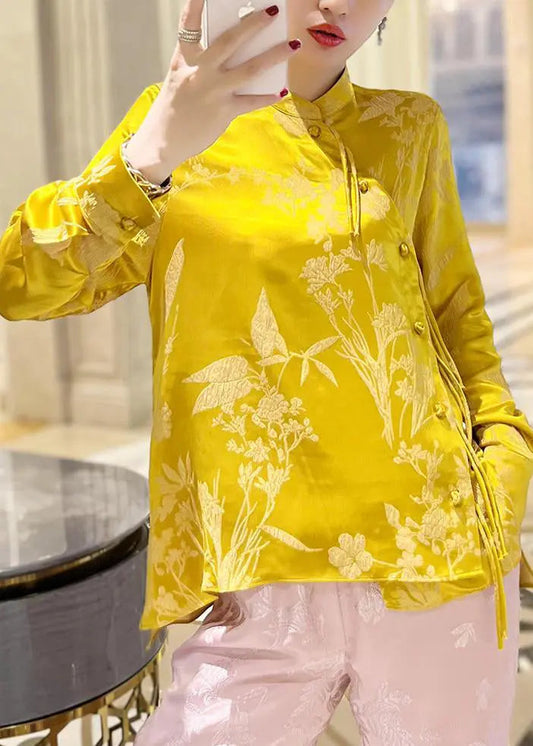 New Yellow Stand Collar Button Print Silk Shirt Long Sleeve Ada Fashion