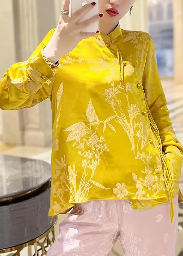 New Yellow Stand Collar Button Print Silk Shirt Long Sleeve Ada Fashion