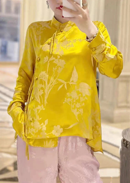 New Yellow Stand Collar Button Print Silk Shirt Long Sleeve Ada Fashion