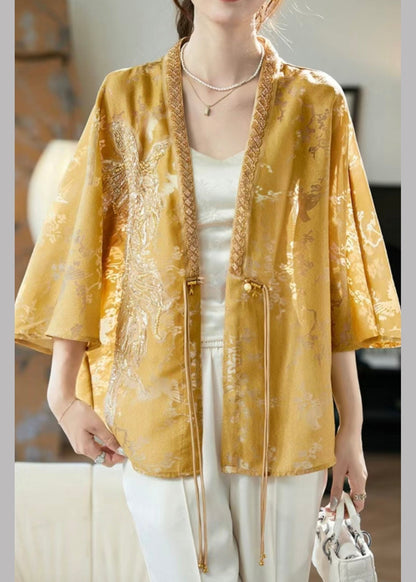 New Yellow V Neck Button Nail Bead Silk Shirt Batwing Sleeve RZ012 ABC