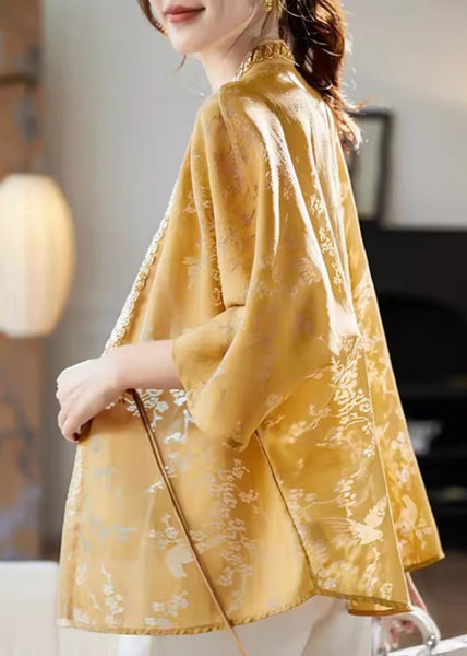 New Yellow V Neck Button Nail Bead Silk Shirt Batwing Sleeve RZ012 ABC