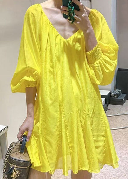 New V Lace Yellow Dress Up Solid Mini Spring Cotton Neck FashionChic