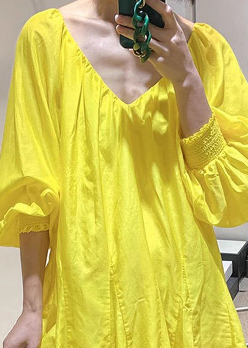 New V Lace Yellow Dress Up Solid Mini Spring Cotton Neck FashionChic