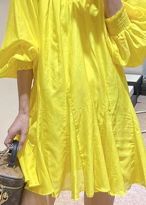 New V Lace Yellow Dress Up Solid Mini Spring Cotton Neck FashionChic