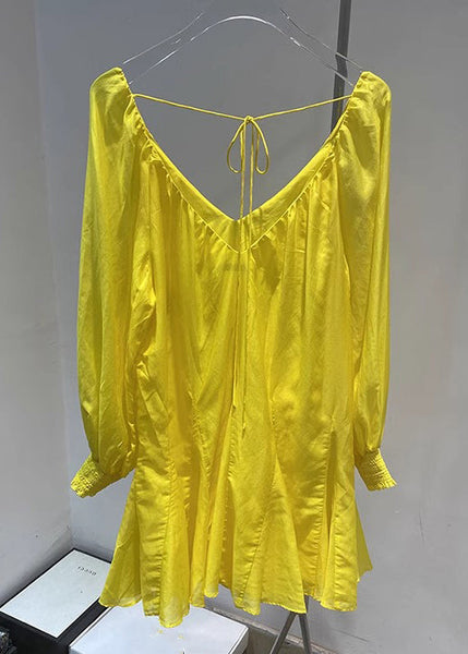 New V Lace Yellow Dress Up Solid Mini Spring Cotton Neck FashionChic